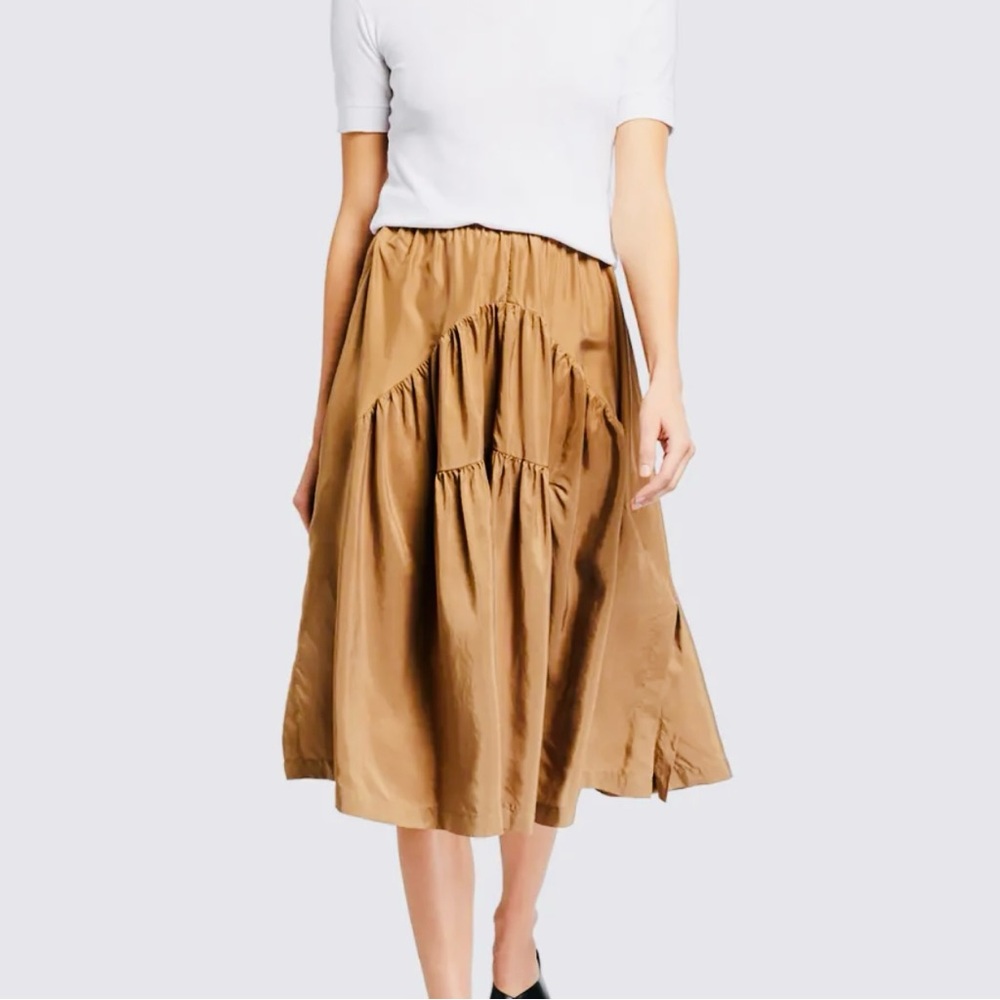 Vince Shirred Panel A-Line Skirt - Tan Silk 
Bergdorf Goodman